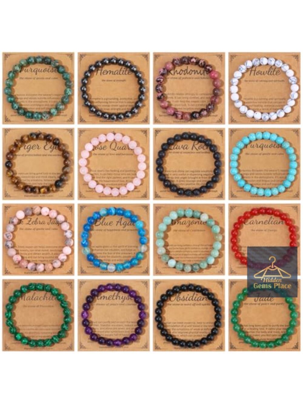 16 Natural Stone Beaded Bracelets 8mm Healing Crystal Stretch Bracelet Set